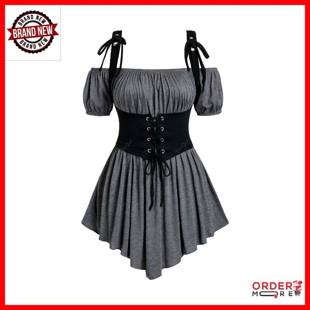 Gothic Off Shoulder Corset Top Renaissance Medieval Peasant Shirt Lace Up